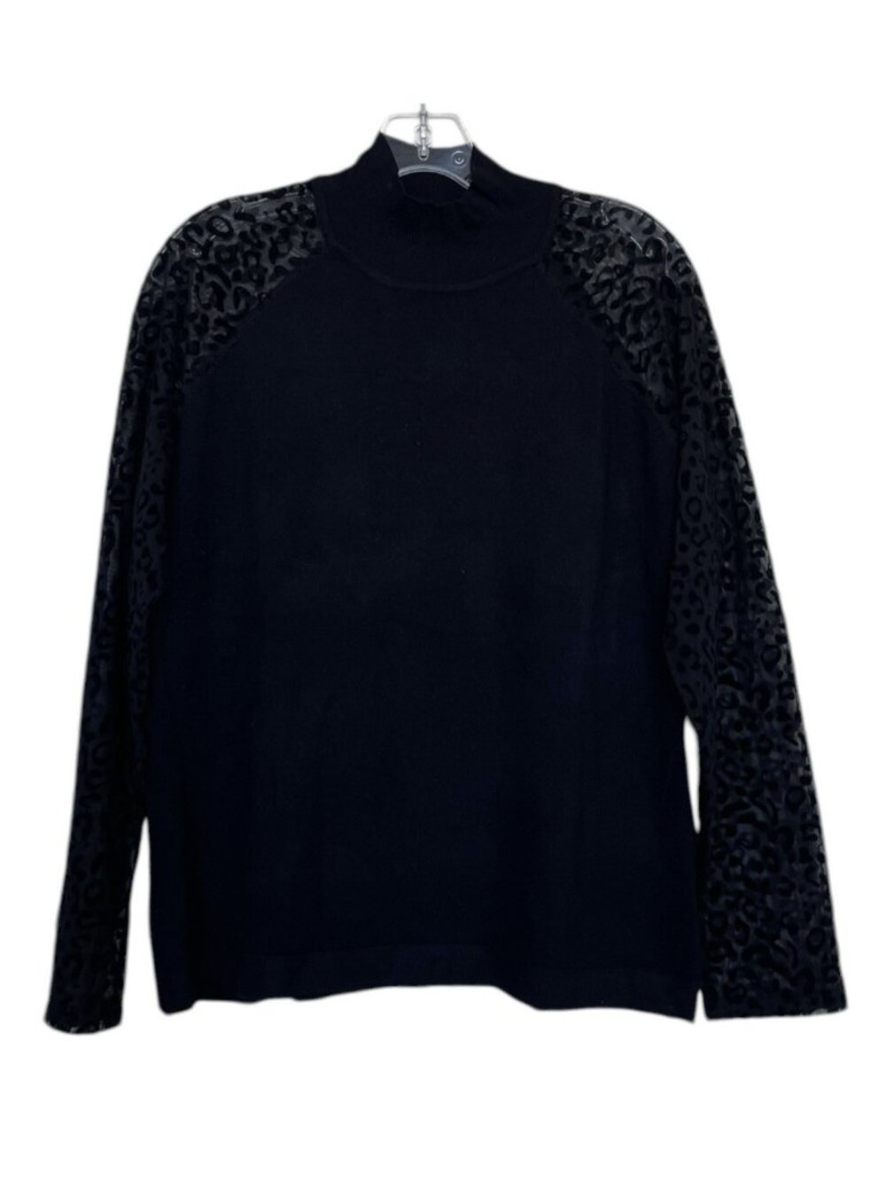 August Silk Sweater Womens Size Large Black Sheer Leopard Cheetah Sleeves